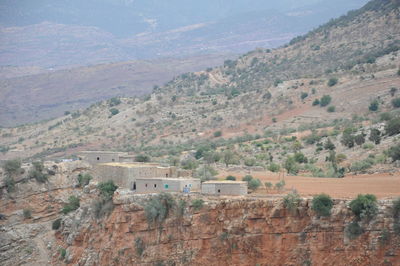 High angle view of landscape and mountains
