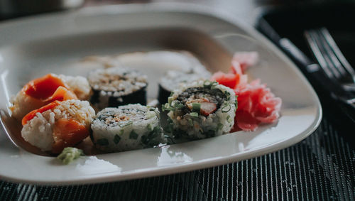 Close-up of sushi served in plate on table