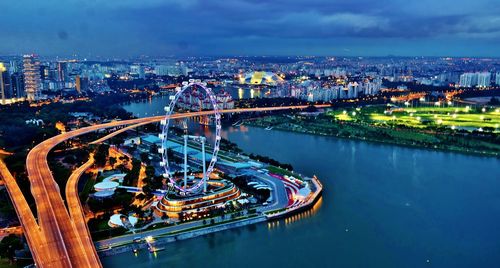 Aerial view of city at night