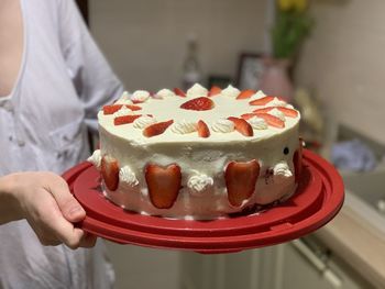 Midsection of person holding ice cream cake