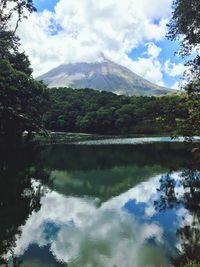 Scenic view of lake and mountains against sky