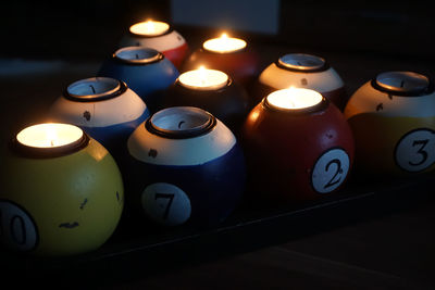 Close-up of illuminated candles on table