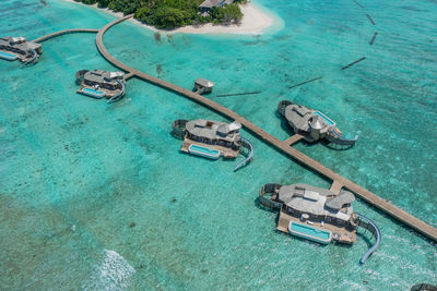 High angle view of boats in sea