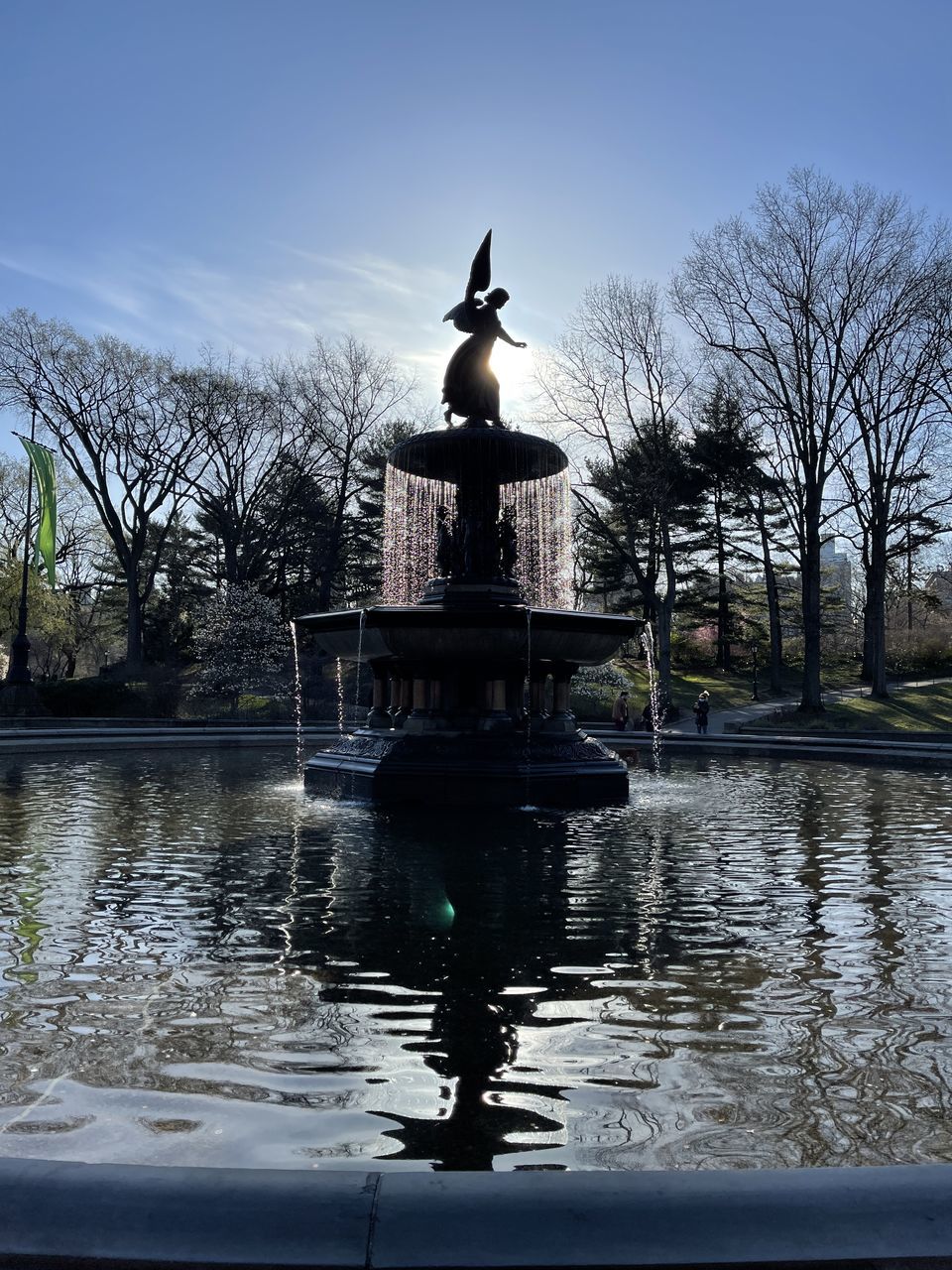 STATUE BY FOUNTAIN AGAINST LAKE