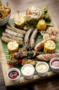 High angle view of various food on table