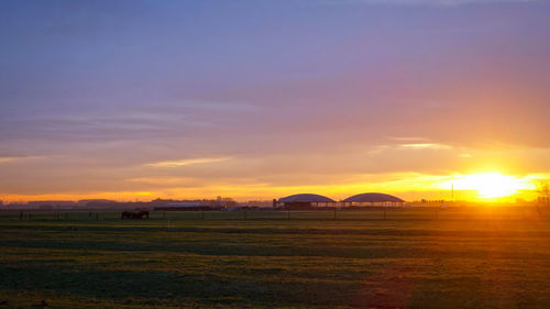 Scenic view of field against sky during sunset