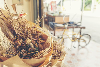 Close-up of wilted bouquet at home