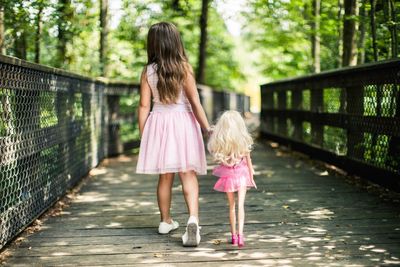 Rear view of girl with dolls walking on footbridge in forest