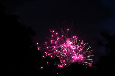 Low angle view of firework display at night