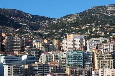 Aerial view of buildings in city against clear blue sky