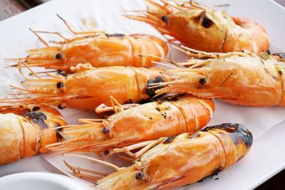 High angle view of seafood in plate on table