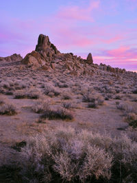 Sunset in the alabama hills, rock formations and cotton candy clouds.