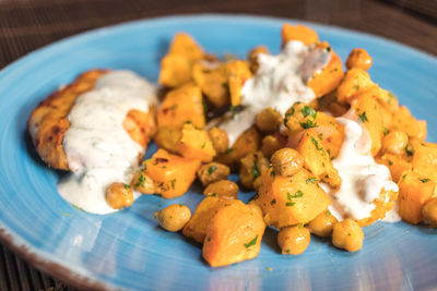 High angle view of food in plate on table