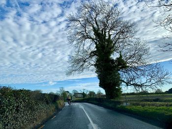 Road by trees on field against sky