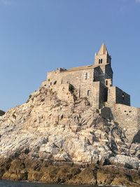 Low angle view of temple against clear blue sky