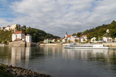 View at fortress veste oberhaus, danube shore and entry of river ilz in passau, bavaria