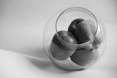 High angle view of fruit in glass on table