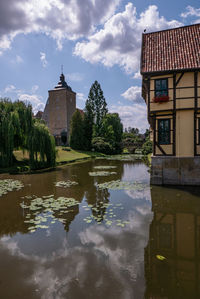 Reflection of building on lake against sky