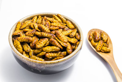 High angle view of food on table against white background