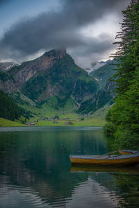 Scenic view of lake and mountains against sky