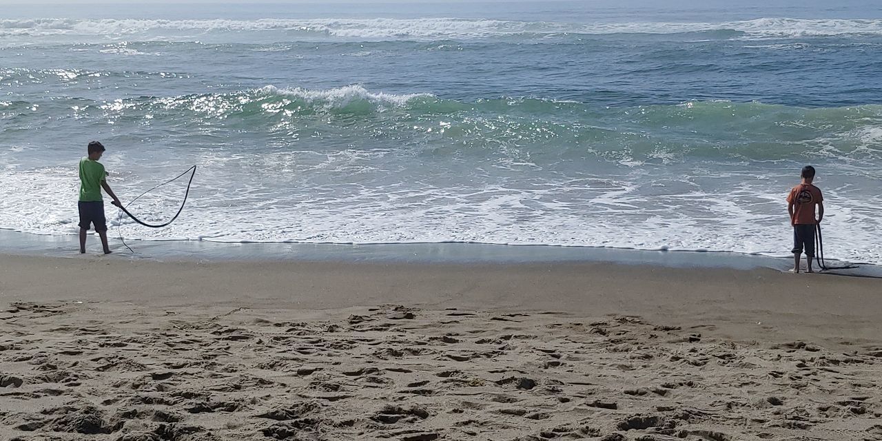 REAR VIEW OF MAN STANDING ON BEACH