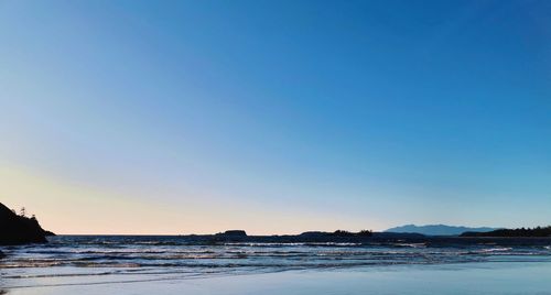 Scenic view of sea against clear blue sky