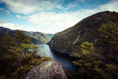 Scenic view of river amidst mountains against sky