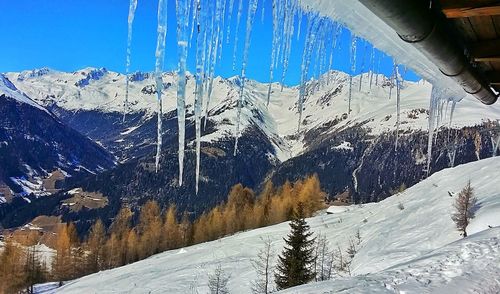 Low angle view of snow covered mountain against sky