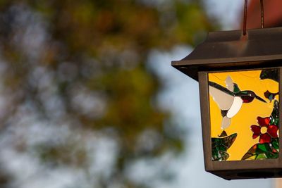 Low angle view of birdhouse on tree