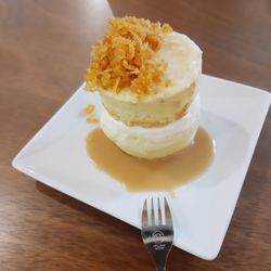 High angle view of cake in plate on table