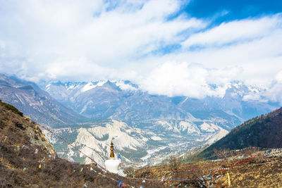 Aerial view of snowcapped mountains against sky