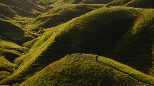 Mid distance of woman walking on hill