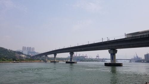 Bridge over river with city in background