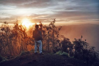 Rear view of man standing on land against sky during sunrise