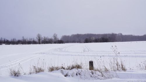 Snow covered field against sky