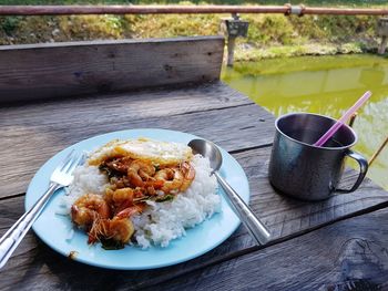 High angle view of meal served on table