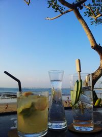 Close-up of mojito on table against clear blue sky