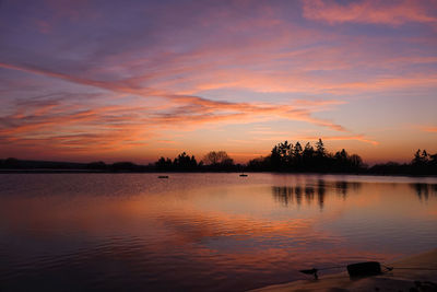 Scenic view of lake against orange sky