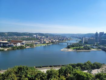 High angle view of city at waterfront