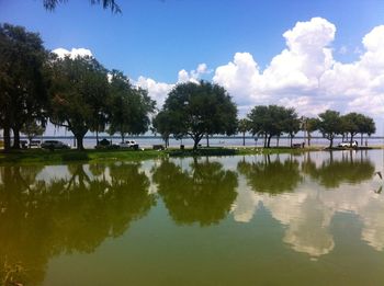 Reflection of trees in lake against sky