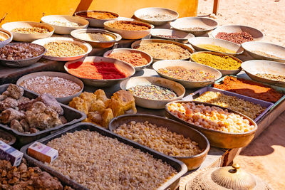 High angle view of food for sale at market stall