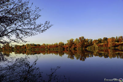 Scenic view of lake against clear blue sky