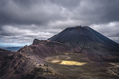 View of volcanic mountain range against cloudy sky