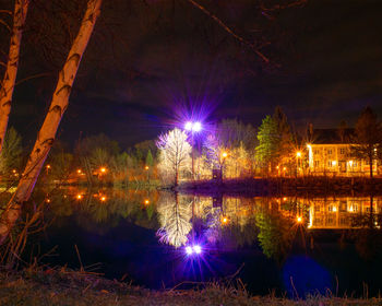 Illuminated trees by lake against sky at night