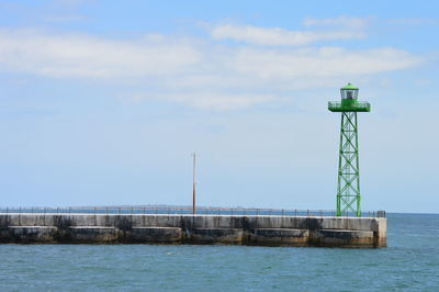 Lighthouse by sea against sky