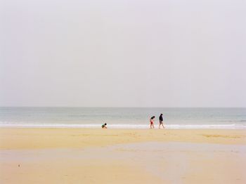 People on beach against clear sky