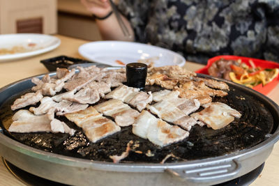 Close-up of meat in plate on table