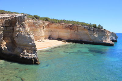 Scenic view of sea against clear blue sky