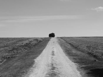 Dirt road amidst field against sky