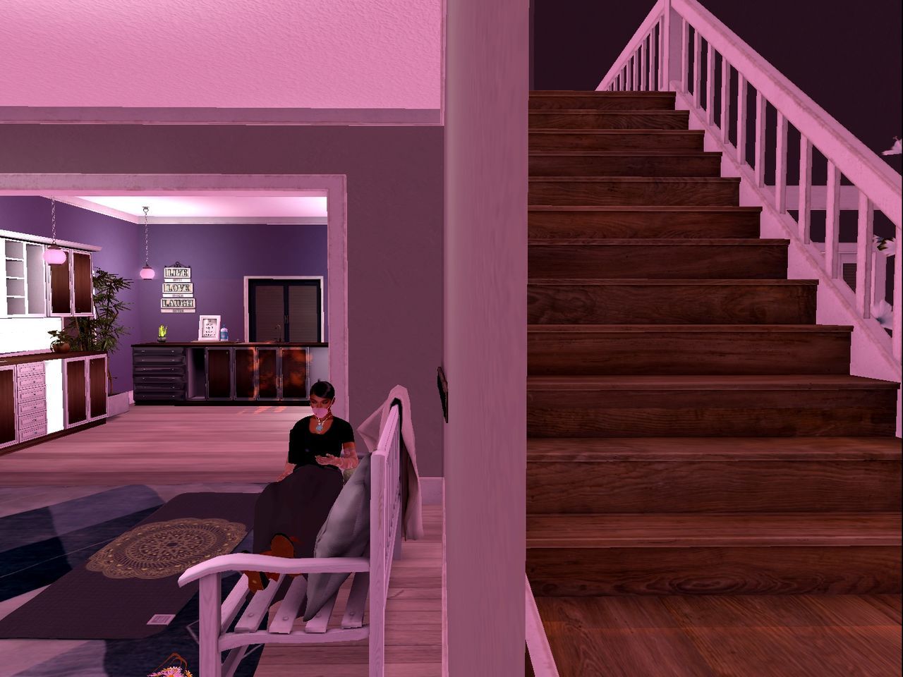staircase, architecture, steps and staircases, stairs, adult, one person, interior design, house, room, lifestyles, sitting, women, floor, indoors, built structure, relaxation, full length, home interior, railing, furniture, pink, young adult, person, purple, night, home